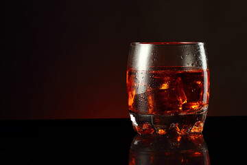 a glass of alcohol and ice cubes