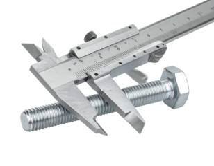 Close-up of metal bolt being measured with a silver-colored caliper on a dark background, showing threads