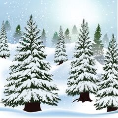 blue landscape with firs in snow