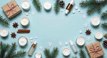 Christmas skincare flat lay with pine branches, gift boxes, and decorative elements on a blue background