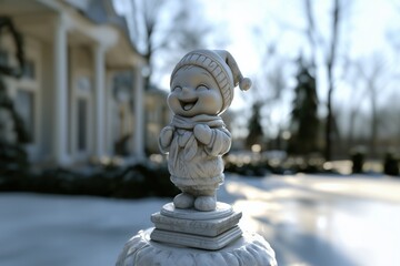 Cute Stone Figurine Smiling in Snowy Garden – Playful Winter Sculpture