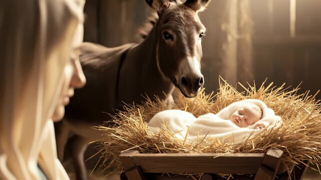 Woman Mary praying beside baby Jesus in a manger with a donkey in a stable, Nativity scene for Christmas celebration footage.