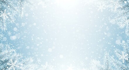 Abstract winter background with snowflakes and pine branches forming a decorative border on a soft blue gradient
