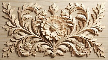 Detailed wooden floral ornament carving of a flower and leafy foliage design
