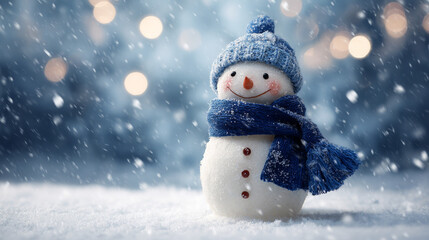 Obraz premium Cheerful snowman with blue scarf standing in snowy winter landscape, festive holiday background