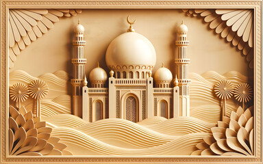 Elegant 3d rendered mosque illustration with ornate details and artistic frame design