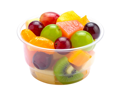 Cup filled with colorful cut fruits like grapes, melon, kiwi, apple, orange, and pineapple, presented on white