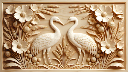 Exquisite wooden carving of two cranes with floral elements depicting nature and love