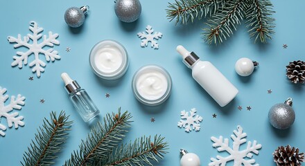 Winter skincare products with snowflakes, pine branches, and silver ornaments on a blue background