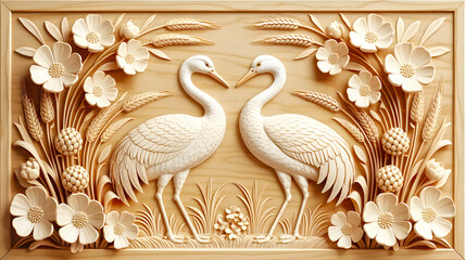Exquisite wooden relief sculpture of two white cranes amidst floral and foliage elements