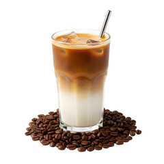 Iced Latte in a Tall Glass with Coffee Beans Refreshing Beverage on White