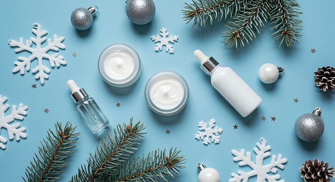Winter skincare products with snowflakes, pine branches, and silver ornaments on a blue background