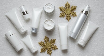 A collection of white cosmetic tubes and jars arranged with golden snowflake decorations on a white textured surface