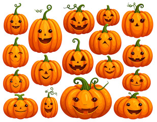 Collection of cartoon-style smiling, carved pumpkins with various happy, silly, and expressive faces on a black background