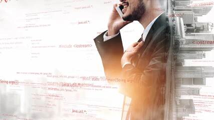 A businessman in a suit engages on the phone against a backdrop of abstract code graphics, symbolizing communication and technological advancement in the digital age. Xenic - Powered by Adobe