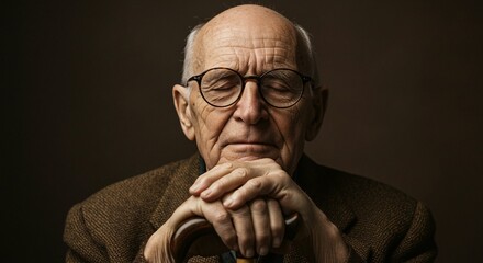 Thoughtful senior man with closed eyes rests his hands on a cane in a moment of quiet contemplation and peaceful reflection.