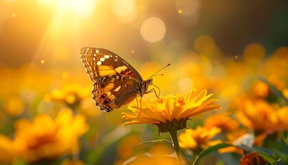 Butterfly rests on yellow flower, bathed in warm, golden sunlight