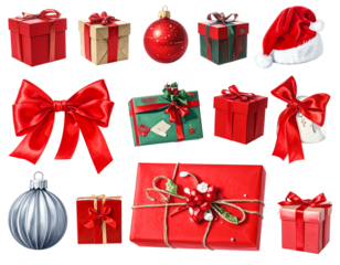 Collection of Christmas gifts and ornaments, colorful, bows, ribbons on a black background
