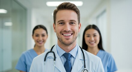 Smiling doctor with stethoscope and two smiling nurses behind in hospital hallway looking at camera. Healthcare professionals.