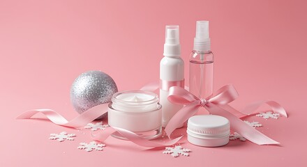 Festive holiday beauty products with a glittery ornament and pink ribbon on a pastel background