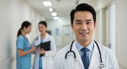 Fototapeta premium Asian doctor smiles in a hospital. Colleagues talk in the background, contributing to a professional yet warm environment.