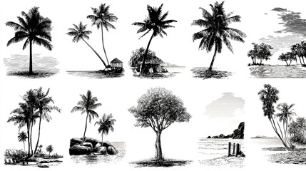 Black and white drawing of various tropical trees and landscapes.