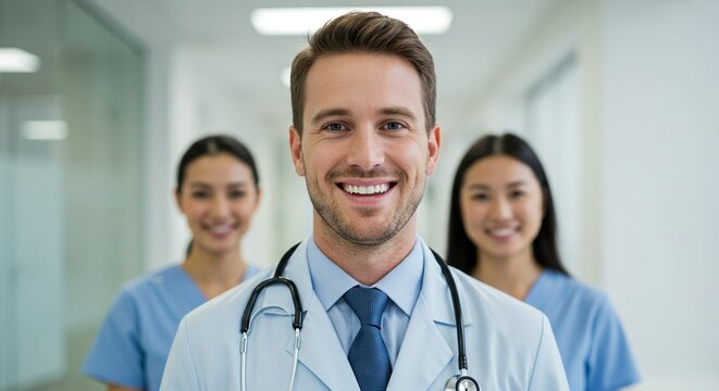 Smiling doctor with stethoscope and two smiling nurses behind in hospital hallway looking at camera.  Healthcare professionals.