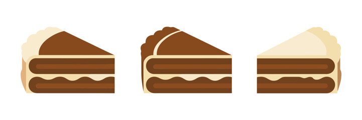 Cream filled chocolate cake slices, smooth frosting layers, dessert icon trio, confectionery illustration, bakery menu graphics, vector