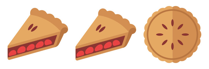 Fruit pie wedges and whole pastry, lattice vent top style, homemade dessert icons, baking illustration, vector collection