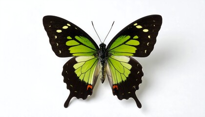 Butterfly with black and green patterned wings, white background