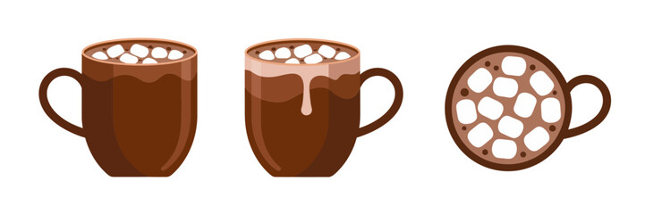 Cocoa drink collection, steaming mugs with marshmallow topping, round cup view, warm dessert beverage graphics, vector clipart