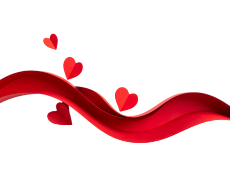 Curving red ribbon graphic with four floating hearts, set against a stark black background