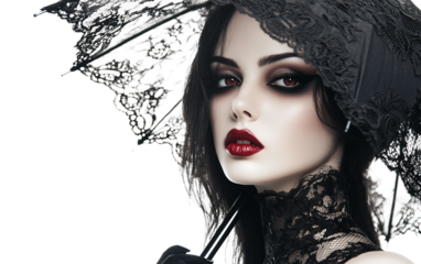 Vampire girl holding a black lace umbrella with blood red lips creating a gothic mysterious atmosphere isolated on transparent background PNG