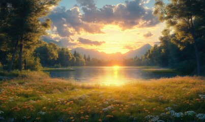 Beautiful sunrise over lake and mountain landscape.