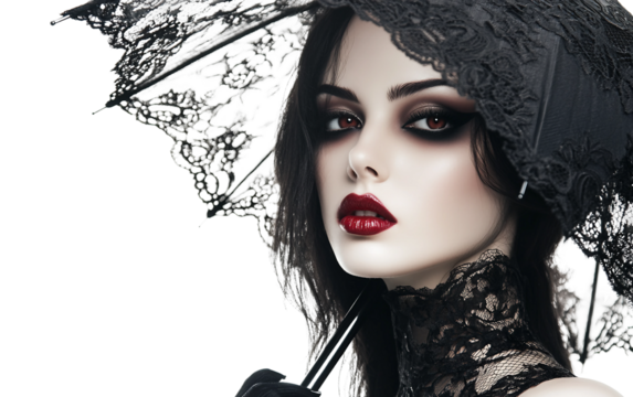 Vampire girl holding a black lace umbrella with blood red lips creating a gothic mysterious atmosphere isolated on transparent background PNG