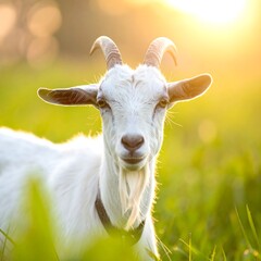 Close-up of a goat in a field bathed in sunlight
