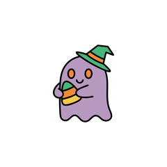 Cute Purple Ghost Icon with Witch Hat and Candy