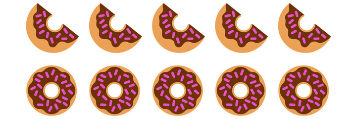 Glazed doughnut icons row, pink icing and sprinkles, sweet pastry dessert, bakery branding graphic, playful vector set