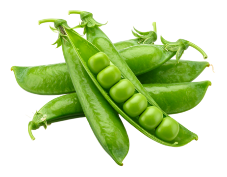 Close-up of vibrant green peas, some in pods, others exposed, against a black backdrop. Fresh, glossy & appetizing