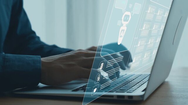 Dynamic Interaction with Digital Interface while Using Laptop in Modern Office Setting with Glowing Graphics and Focused Hands. Qubit.