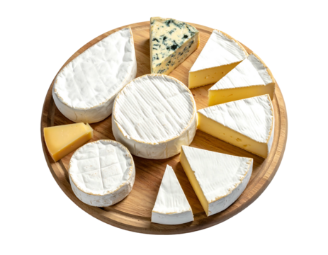 Assorted cheeses soft, creamy, and blue, artfully arranged on a round wooden board, bathed in sunlight