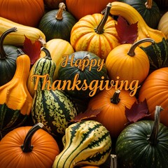 A festive display of autumn gourds and pumpkins with a happy thanksgiving greeting overlayed on top