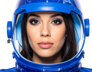 Close-up of woman wearing blue astronaut helmet, dark hair framing her face, intense gaze