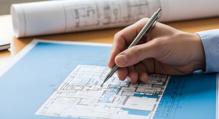 A person drawing a blueprint with a mechanical pencil on a blue surface with rolled plans behind