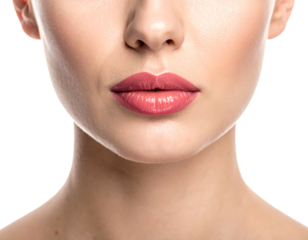 Close-up on a woman's face, focusing on her mouth with pink lipstick. Skin is pale, and the background is transparent