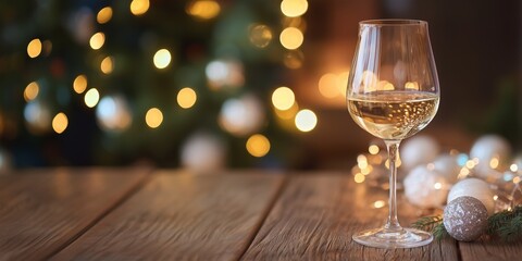 Elegant Wine Glass on Wooden Table – Warm Christmas and New Year Atmosphere