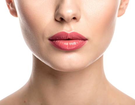 Close-up on a woman's face, focusing on her mouth with pink lipstick. Skin is pale, and the background is transparent