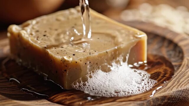 Rustic soap bar reacting to water flow with suds on wooden dish