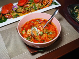 Seafood Tom Yum Kung Served at Hotel Dinner Buffet in Phuket, Thailand