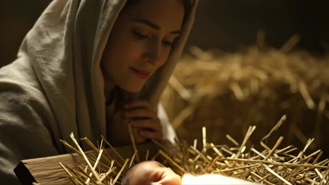 Woman praying with closed eyes, then adoring the newborn baby Jesus in a manger in a barn, Christmas devotion video.